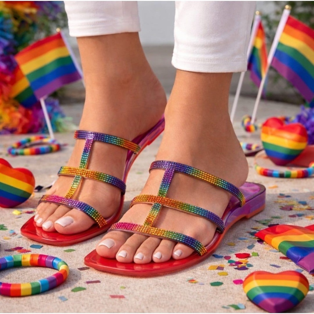 Mudd‎ Papaya Rainbow Rhinestone Jelly Sandals Square Toe Ombre Slides 8.5